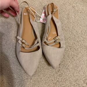 Calvin Klein Pointed Slingback Flats in Taupe with Gold Buckles